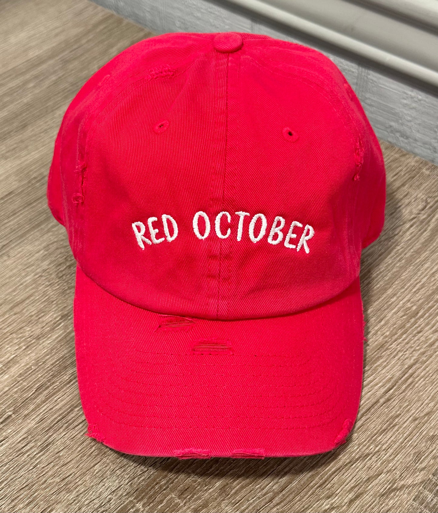 Red October embroidered distressed hat