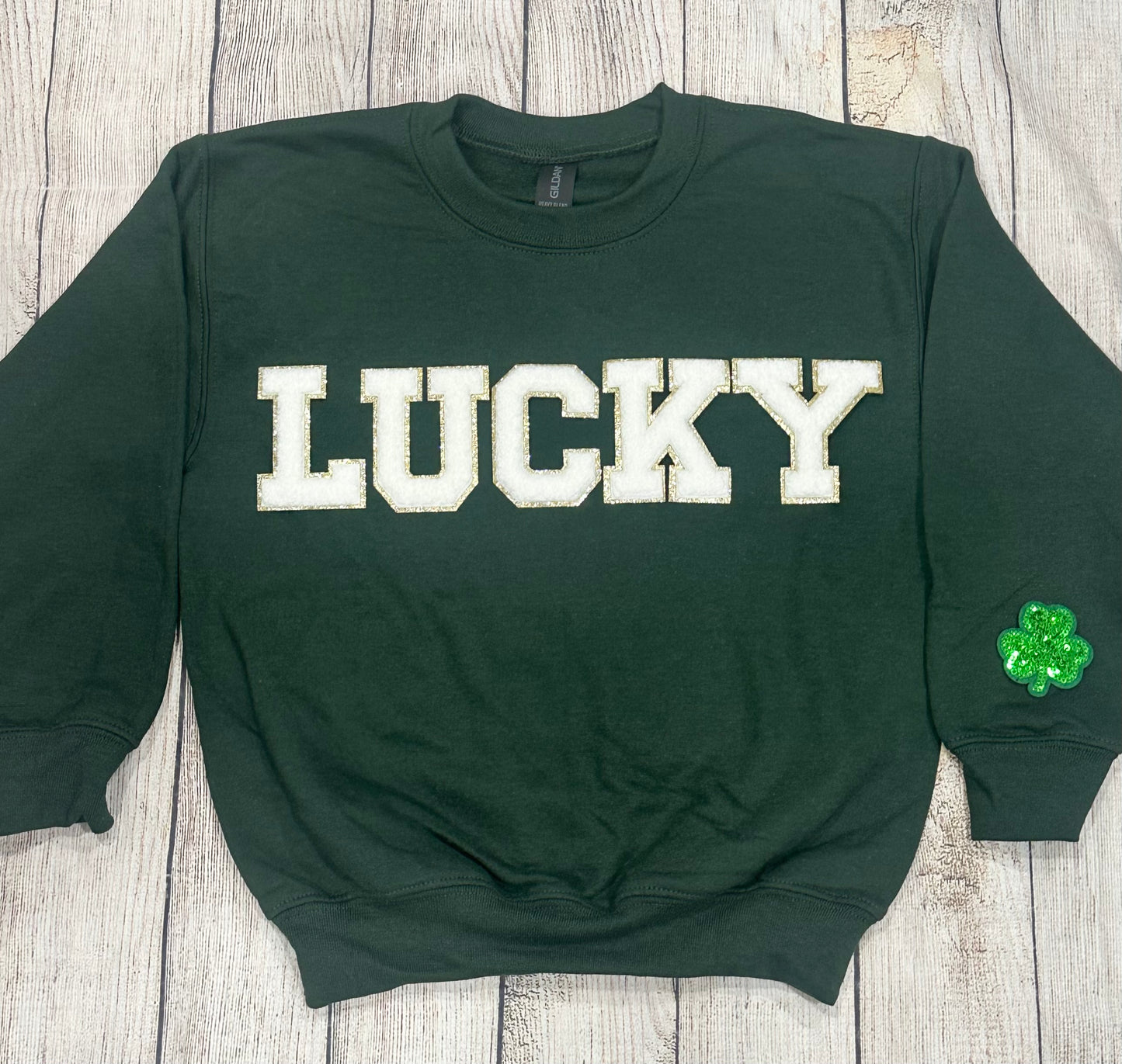 Youth lucky patch sweatshirt / shamrock sleeve